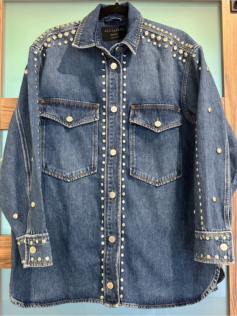 All Saints Alba Blue Denim Studded Oversized Shirt